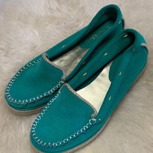 Cole Haan Turquoise Green Suede  coastal cowgirl Moccasins w/ jute & gold sz 6